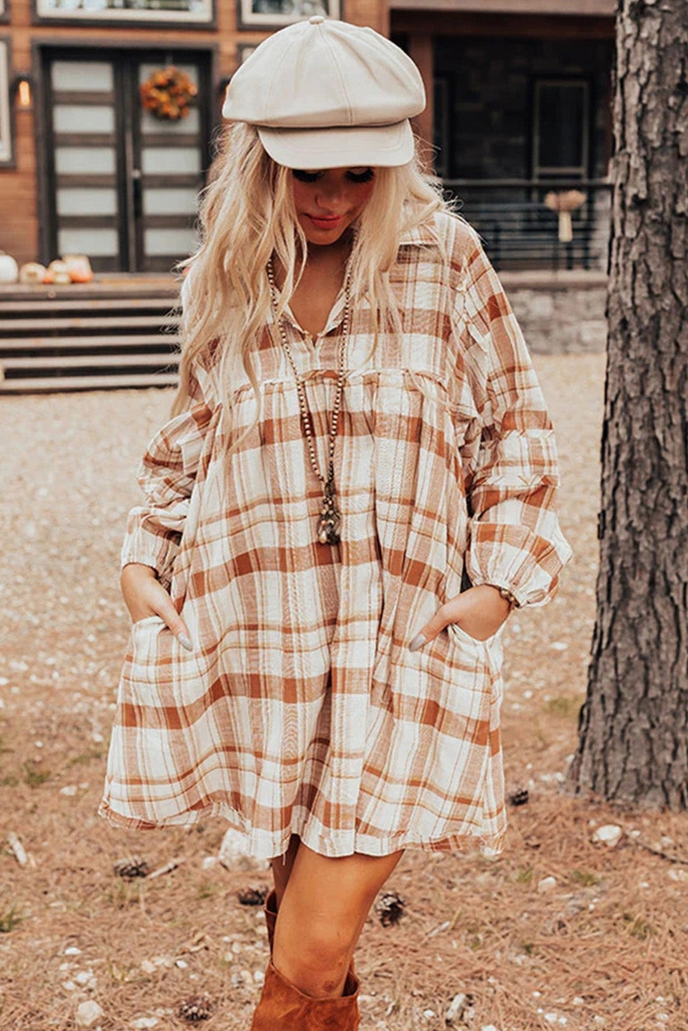 Brown Plaid Print Babydoll Mini Dress