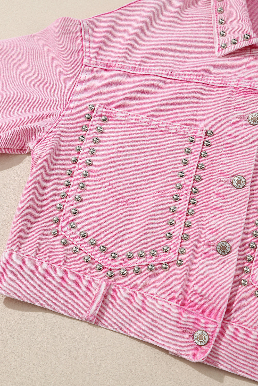 Pink Denim Jacket 100% Cotton Premium Luxury Fashion Women’s Rivet Studded Pocketed Light Pink Denim Jacket