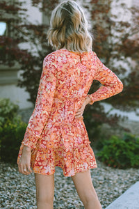 Printed Floral Long Sleeve Frill Tiered Mini Short Dress