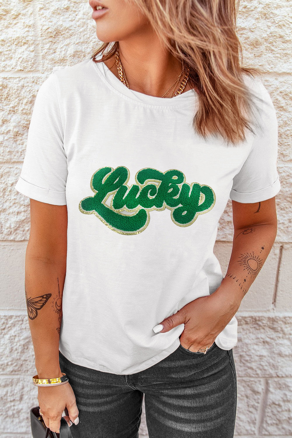 White St. Patrick Day Shirt Lucky Chenille Glitter Patched Graphic T Shirt