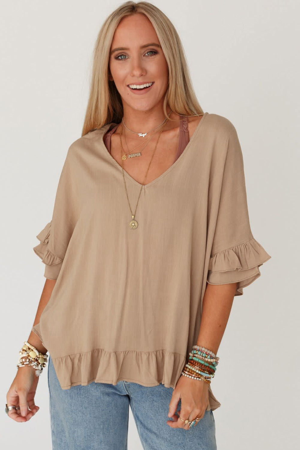 Women's Khaki Baggy Shirt with Ruffles Light French Beige Loose Ruffled V Neck Blouse