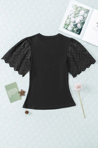 Black Shirt Scalloped Lace Sleeve Ribbed Knit Top, Womens Short Sleeve Basic Black Blouse