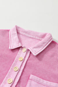 Bright Pink Waffle Exposed Seam Pocket Henley Long Sleeve Shirt Top Sweatshirt