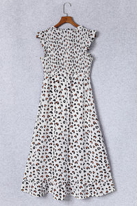 White Leopard Smocked High Low Midi Dress, Casual dress