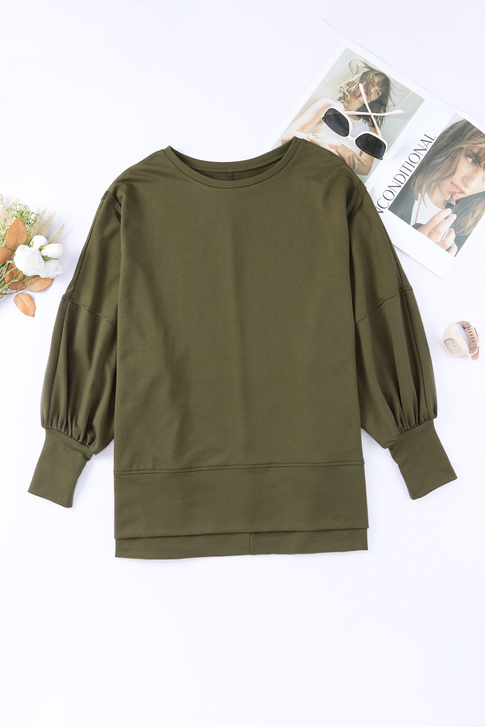 Olive Green Patchwork Drop Shoulder Oversized Top Sweater