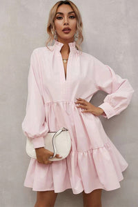 Pink Frilled Stand Collar Long Sleeve Ruffle Dress