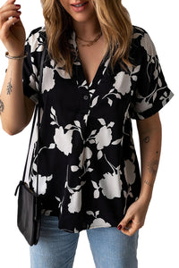 Black Floral Printed Short Sleeve Blouse Womens Casual Shirt Top