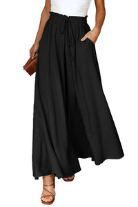 Black Drawstring Smocked High Waist Wide Leg Pants