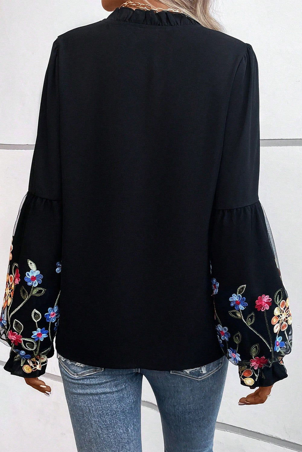 Black Floral Patched Flounce Sleeve Split Neck Blouse