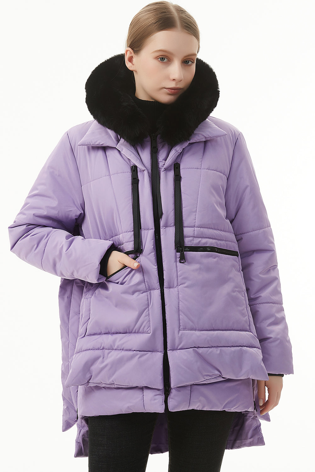 Women's Hooded Puffer Coat Purple  Plush Linen Zip Up Fashion Warm Jacket Outerwear