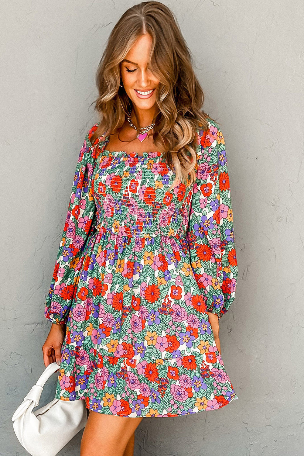 Floral Smocked Bust Square Neck Ruffled Dress