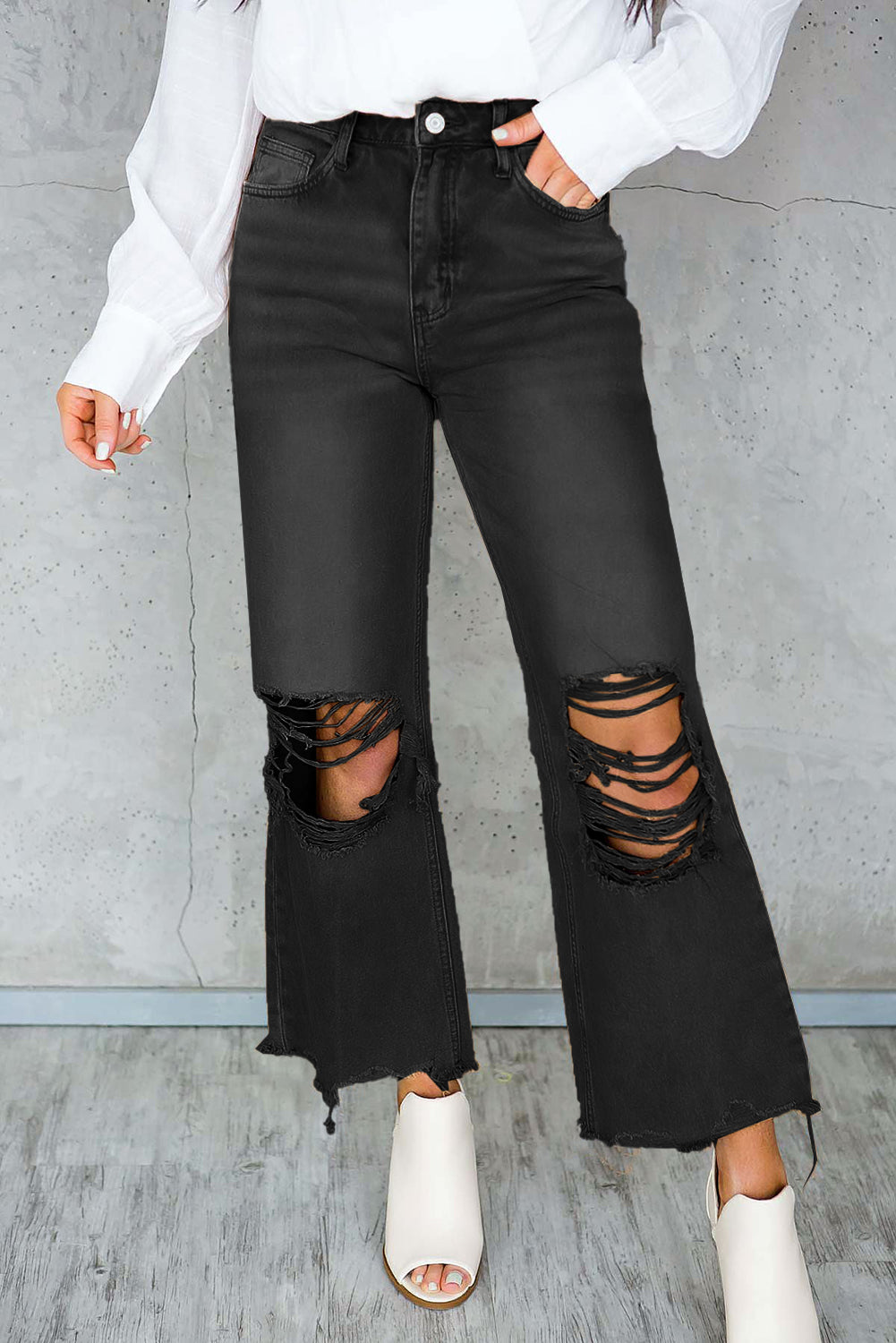 Women’s Denim Pants Black Distressed Hollow-out High Waist Cropped Flare Ripped Jeans