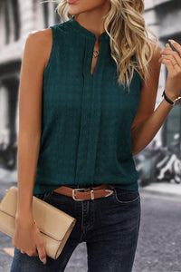 Ladies Sleeveless Shirt Sea Green Lattice Textured Split Neck Tank Top