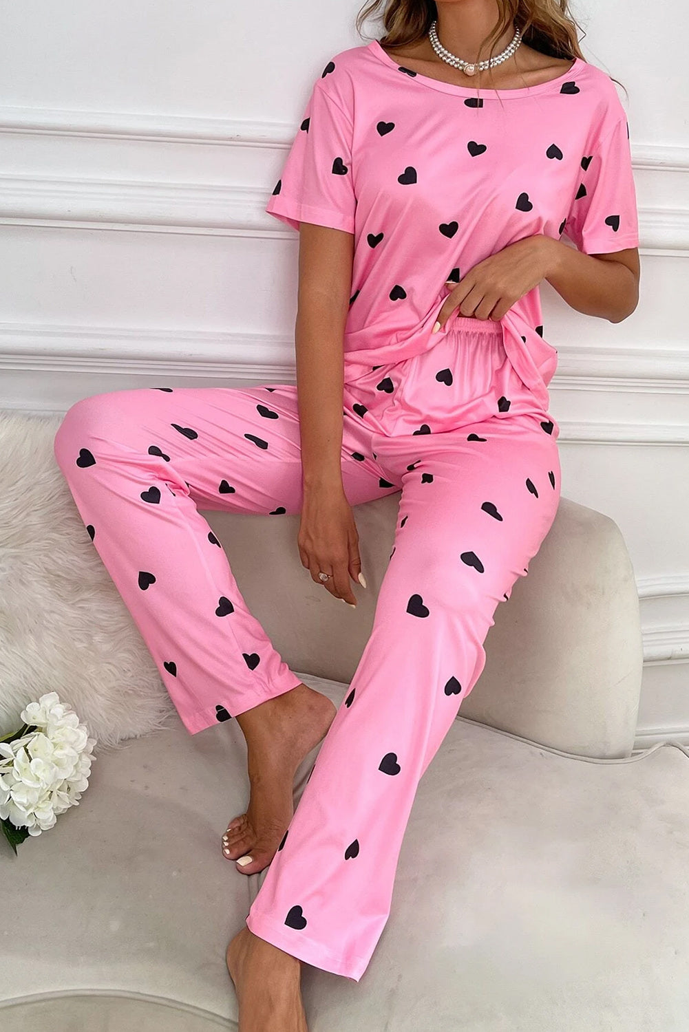 Women's Pajamas Pink Valentines Heart Print Tee and Pants Lounge Set