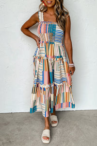 Khaki Mix Striped Wide Straps Smocked Tiered Maxi Midi Dress