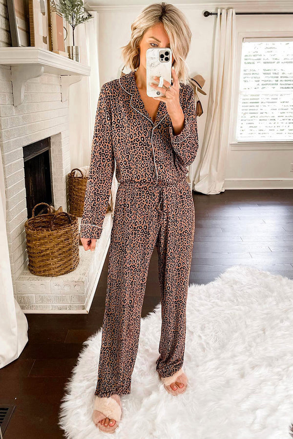 Leopard Long Sleeve Lapel Neck Shirt and Pants Lounge Set