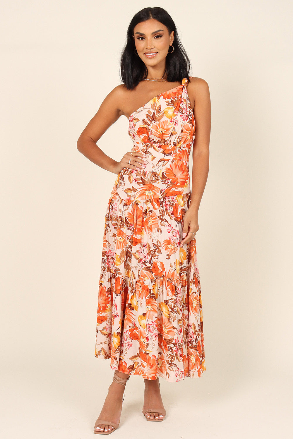 Womens Vacation Dress Orange Floral Print Pleated One Shoulder High Waist Maxi Dress