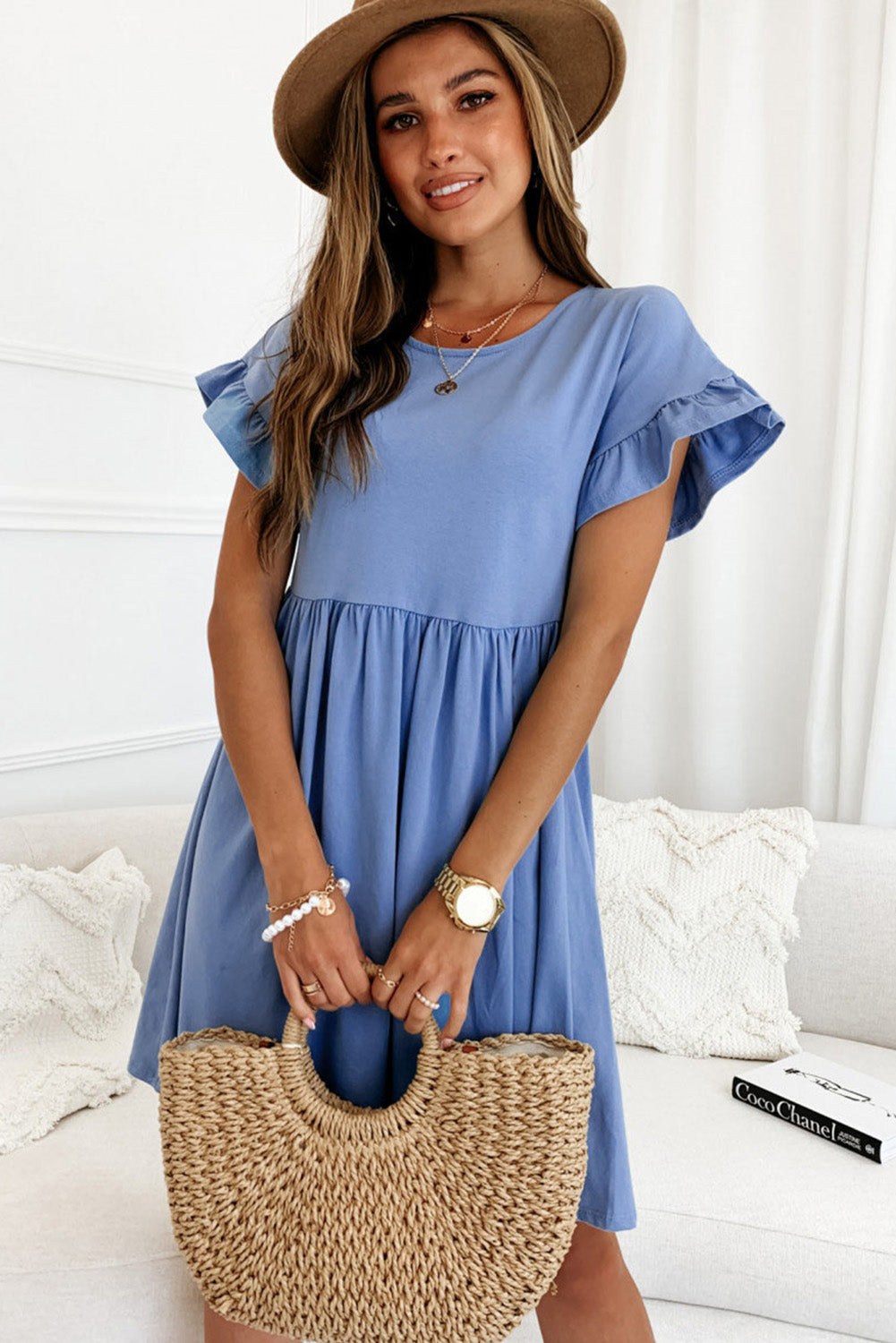 Sky Blue Round Neck Ruffle Sleeve Loose Dress