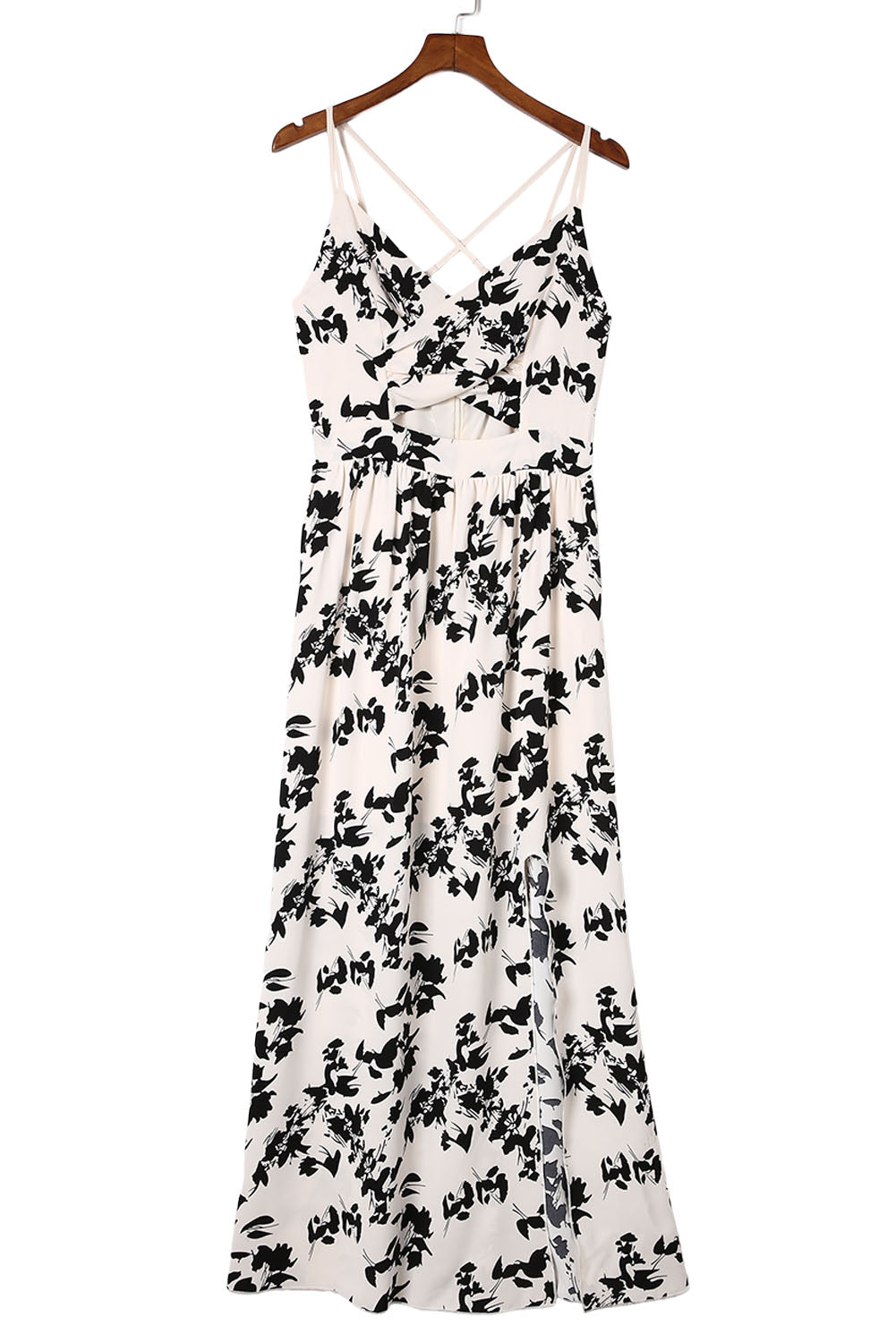 Womens Casual Long Dress White and Black Crossover Hollow-out Maxi Floral Dresses with Slit