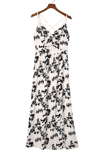 Womens Casual Long Dress White and Black Crossover Hollow-out Maxi Floral Dresses with Slit