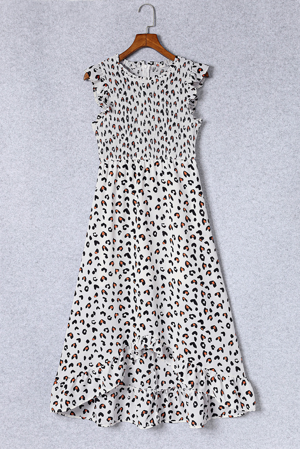 White Leopard Smocked High Low Midi Dress, Casual dress