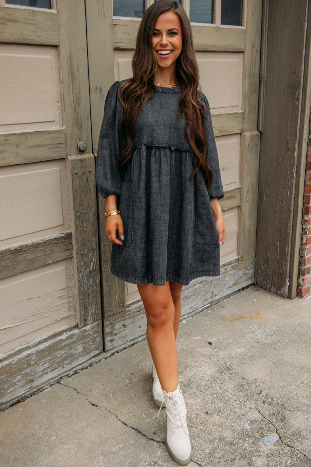 Women’s Long Sleeve Babydoll Black Balloon Sleeve High Waist Denim Dress