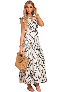 Womens Fashion Casual Long Dresses White Abstract Vein Print V Neck Ruffle Maxi Dress