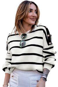 Womens Fashion Long Sleeve Stripe Buttoned Decor Sweater