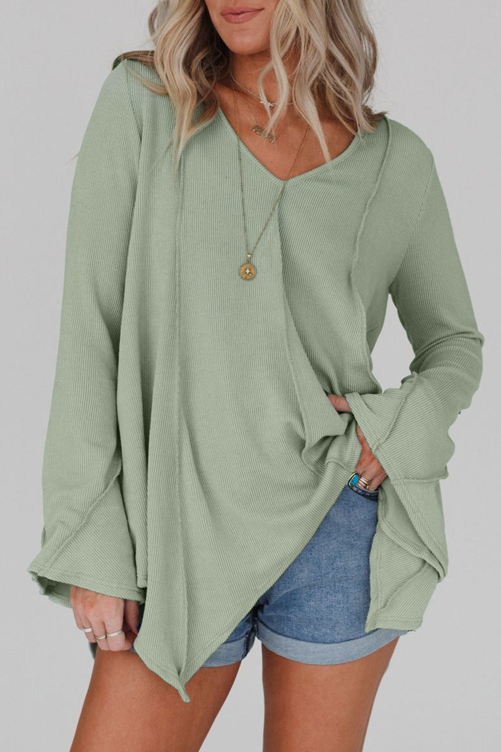 Green Ribbed Expose Seam Bell Sleeve Top