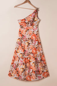 Womens Vacation Dress Orange Floral Print Pleated One Shoulder High Waist Maxi Dress