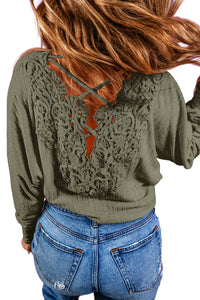 Laurel Green Lace-up Crochet Open Back Ribbed Top