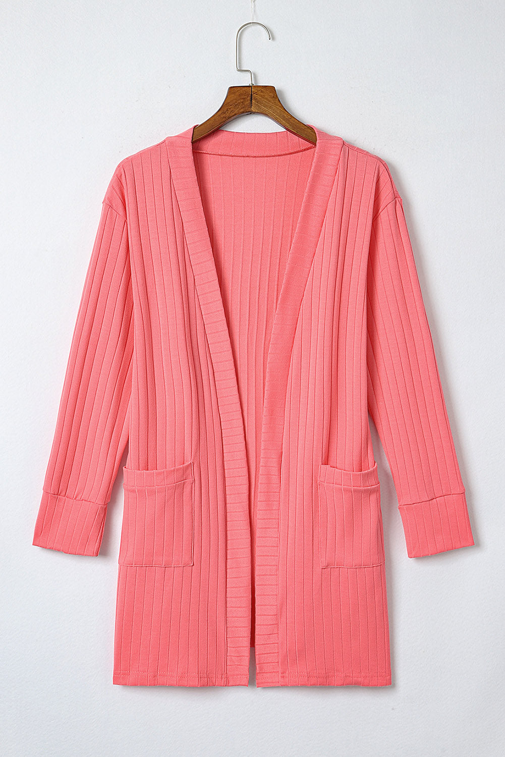 Pink Open Front Pocketed Knit Cardigan