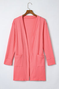 Pink Open Front Pocketed Knit Cardigan