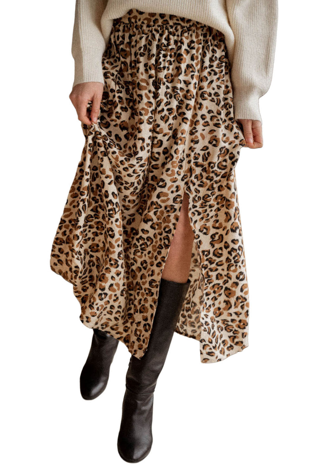 Leopard Animal Print High Waist Side Slit Long Skirt