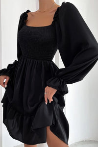 Black Smocked Puff Sleeve Ruffle Mini Dress