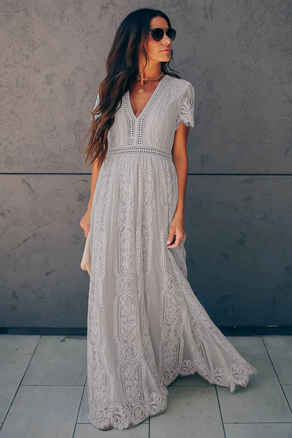 Gray Blue Fill Your Heart Lace Maxi Dress