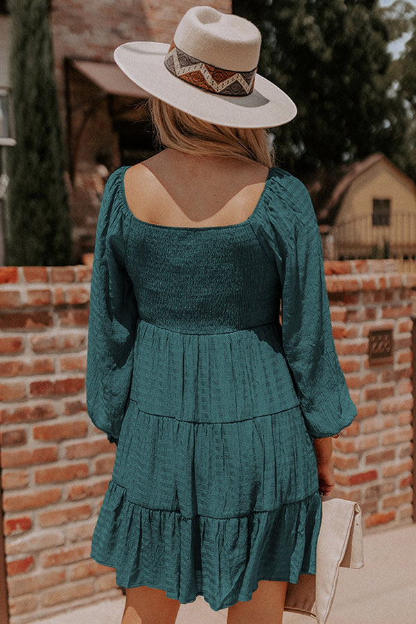 Mist Green Bishop Sleeve Smocked Tiered Casual Mini Dress