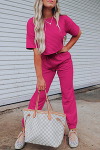 Women's Pink Lattice Textured Cropped Tee and Jogger Pants Set Fashion Outfits