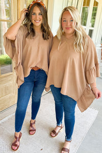 Khaki Nude Shirt Plus Size Ruffled Batwing Sleeve V Neck Blouse Oversize Baggy