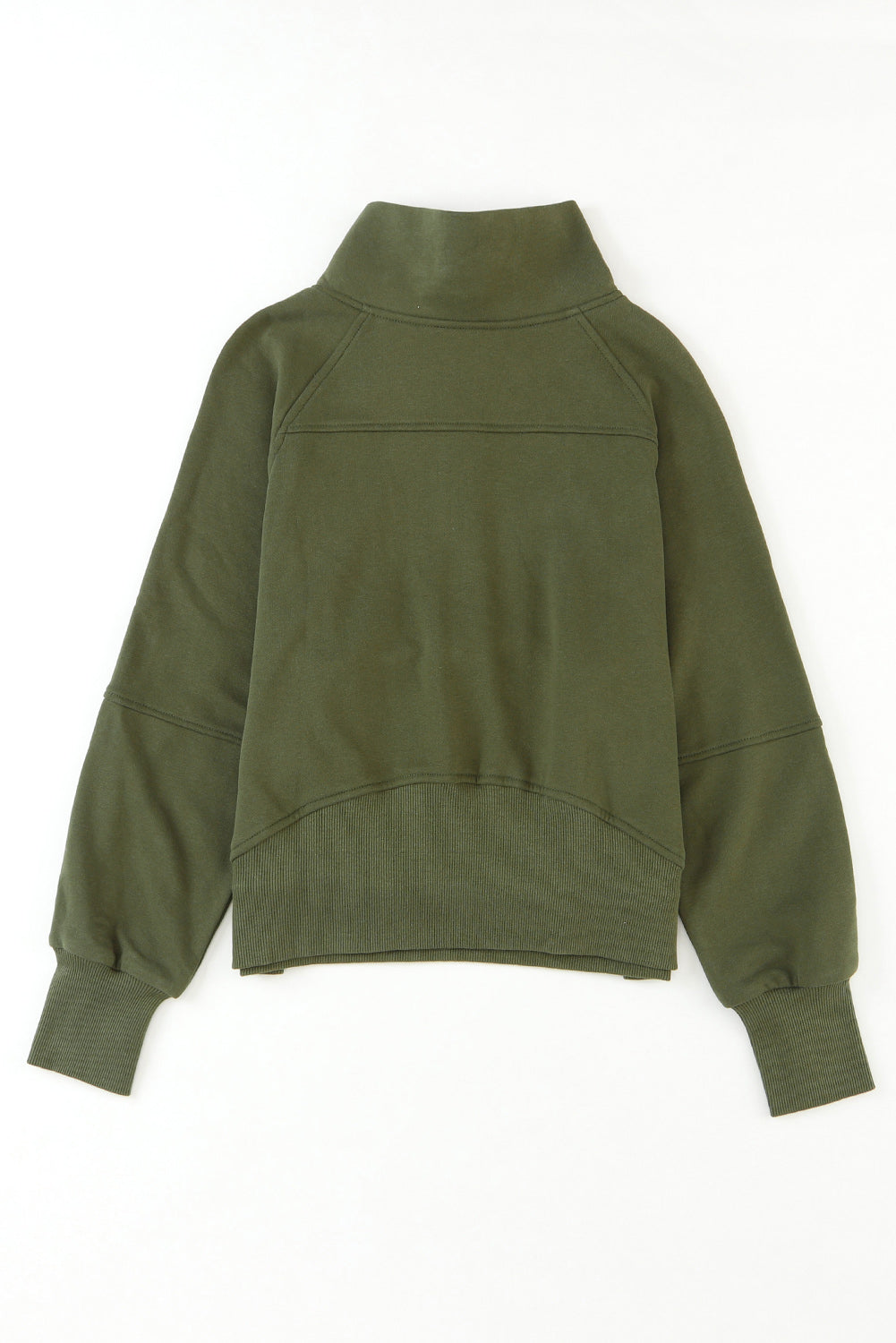 Green Zip Up Stand Collar Ribbed Thumbhole Sleeve Sweatshirt