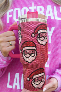 Rose Red Christmas Santa Claus Diamond Thermos Cup with Straw