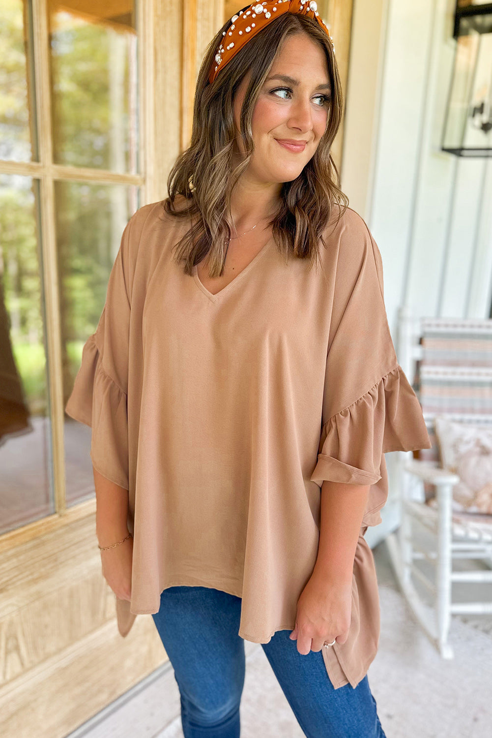 Khaki Nude Shirt Plus Size Ruffled Batwing Sleeve V Neck Blouse Oversize Baggy