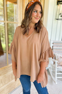 Khaki Nude Shirt Plus Size Ruffled Batwing Sleeve V Neck Blouse Oversize Baggy