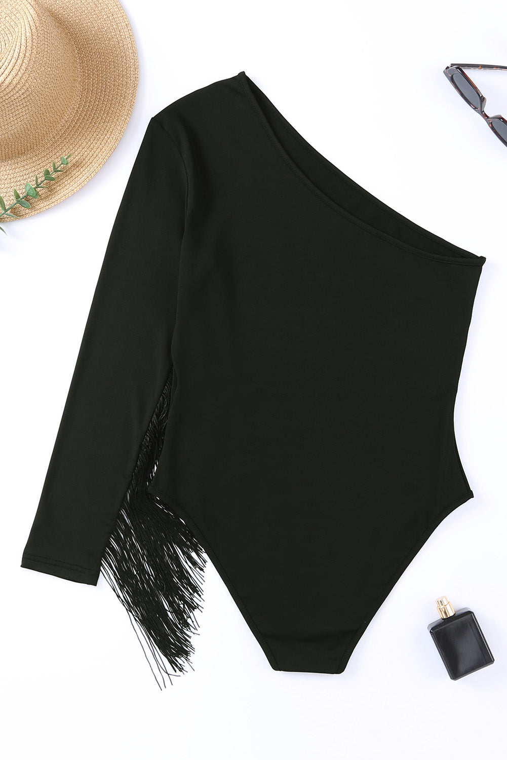 Women’s Fashion Bodysuit Black One Shoulder Fringed Long Sleeve Top