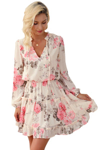 Floral Long Sleeve Dress Split Neck Cinched Waist Ruffle Mini Womens Fashion Short Dresses