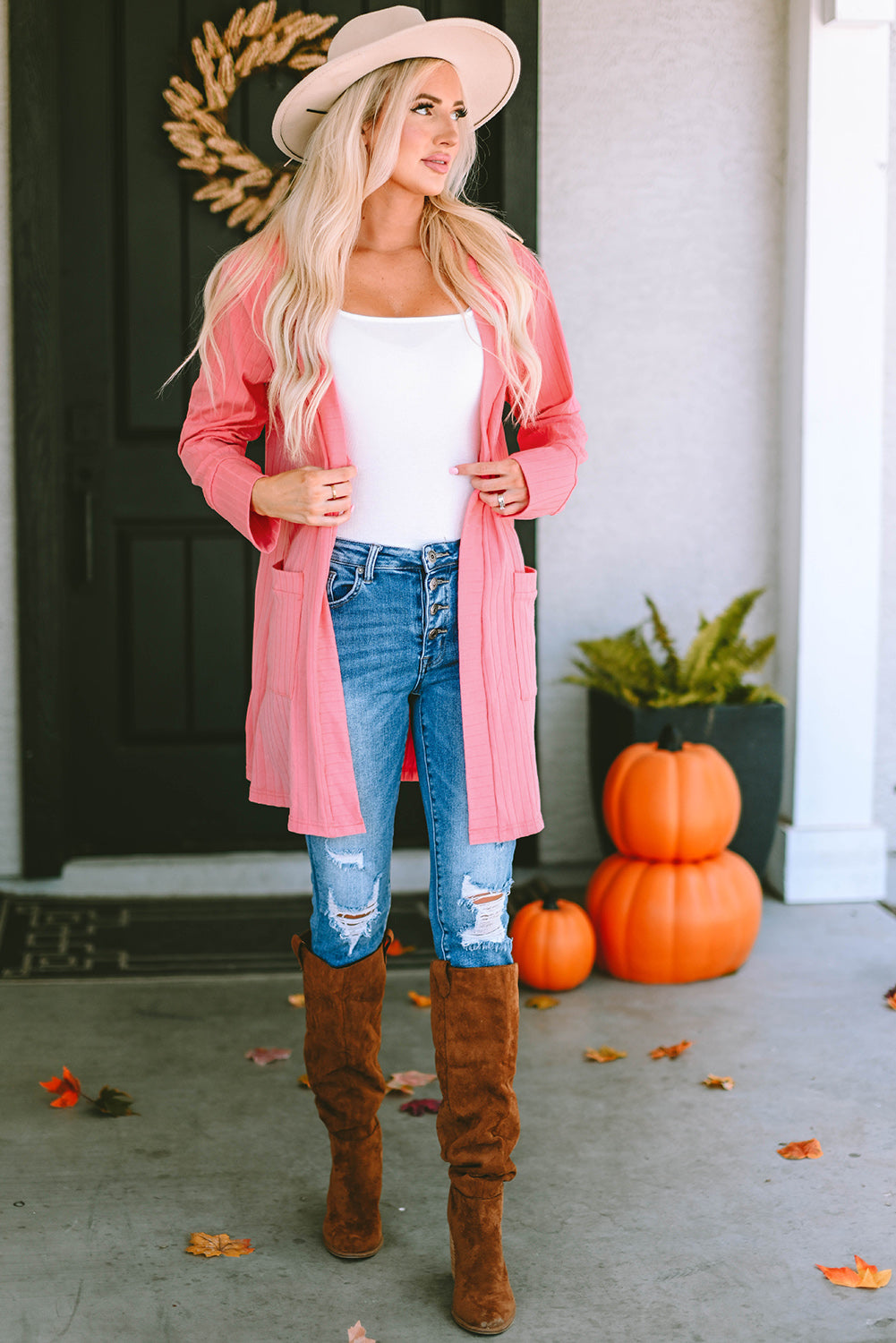 Pink Open Front Pocketed Knit Cardigan