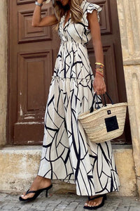 Womens Fashion Casual Long Dresses White Abstract Vein Print V Neck Ruffle Maxi Dress