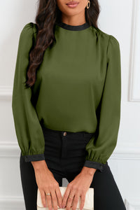 Green Color Block Bow Back Mock Neck Blouse