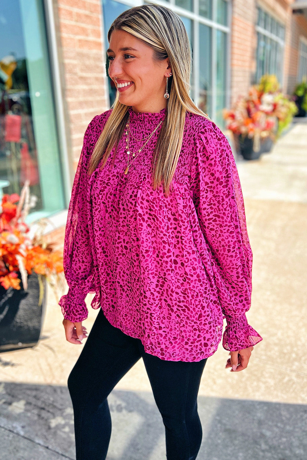 Flowy Top Pink Leopard Shirred Puff Sheer Long Sleeve Flowy Blouse Womens Fashion Shirts