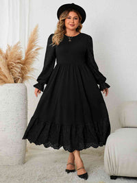 Black Long Sleeve Casual Plus Size Flounce Sleeve Lace Detail Dress